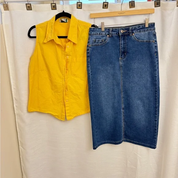 SET! Yellow Button-Up + Denim Midi Skirt Set | Size M Top / Size 6 - Picture 4 of 15